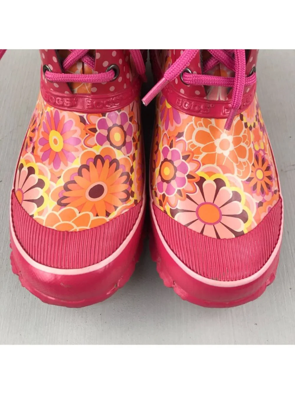 Bogs Kids Size 6 Charlot Pink Orange Floral Print Lace-Up Ankle Rain Boots